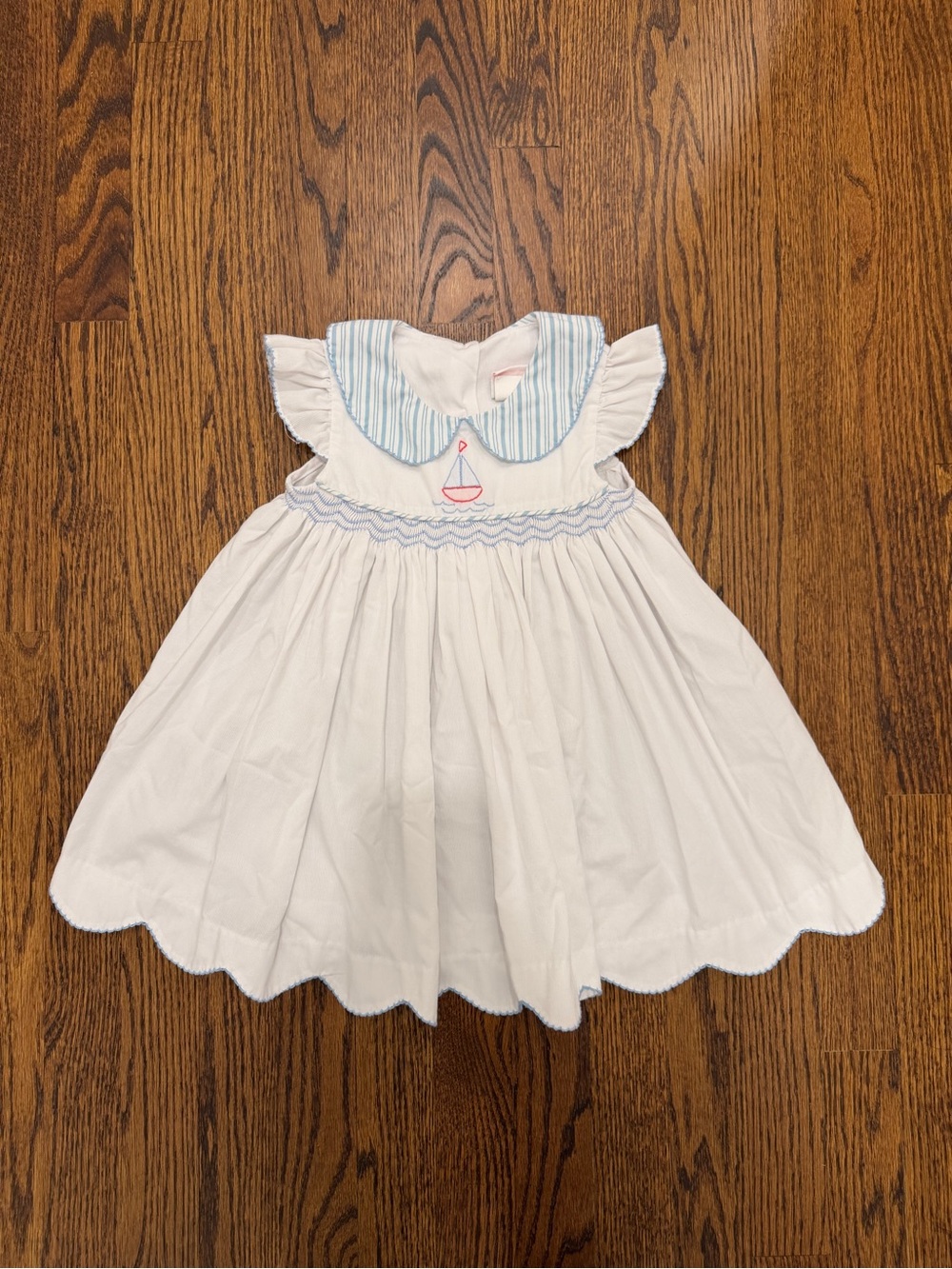 White Ruffled Sailboat Smocked Girls' Dress with Blue Trim